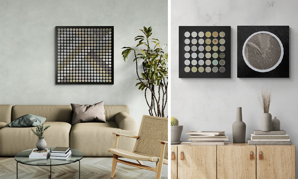 Links: das 3D-Objekt ALL SQUARE ist ein Unikat aus 324 Golfballhälften. Rechts: Bezaubernde Kombination – Das. 3D-Objekt Moving Day (links) und Fineartprint Dunlop Mood. Moving Day enthält eine kleine Besonderheit: einen Ball mit einer Leuchtdiode.