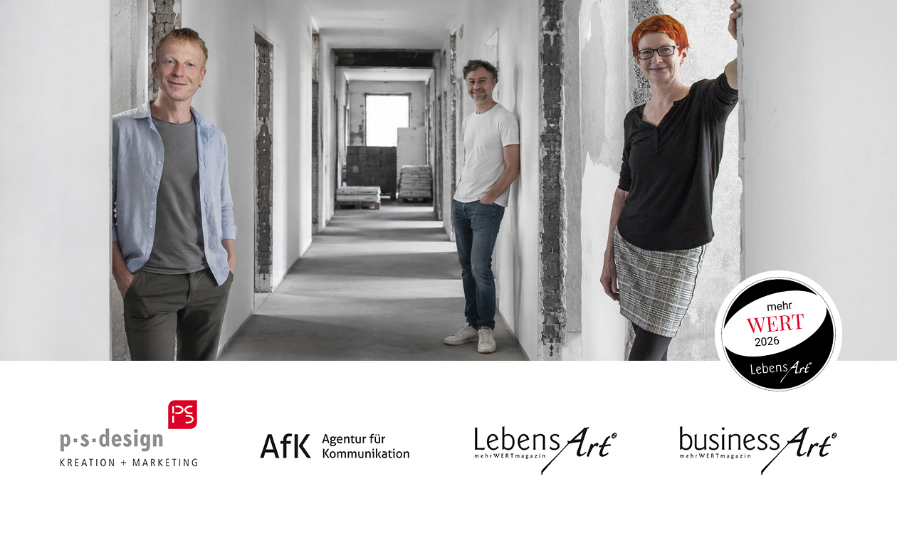 Kreative Marken- und Kommunikationslösungen mit Weitblick: Frank Rehwald, Rainer Holzschuh und Inhaberin Petra Schmidt (v. l.) begleiten Unternehmen von der ersten Idee bis zur langfristigen Markenentwicklung.