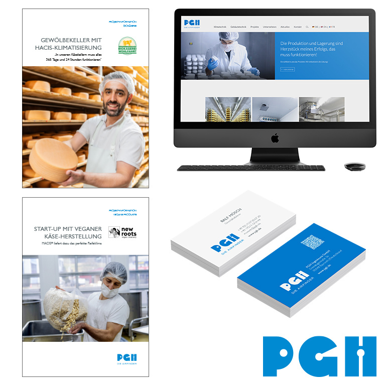 Komplexe Themen verständlich kommuniziert: Die Arbeiten für PGH zeigen die Bandbreite der Agentur von Projektberichten über Webdesign bis hin zur Markenpräsentation.