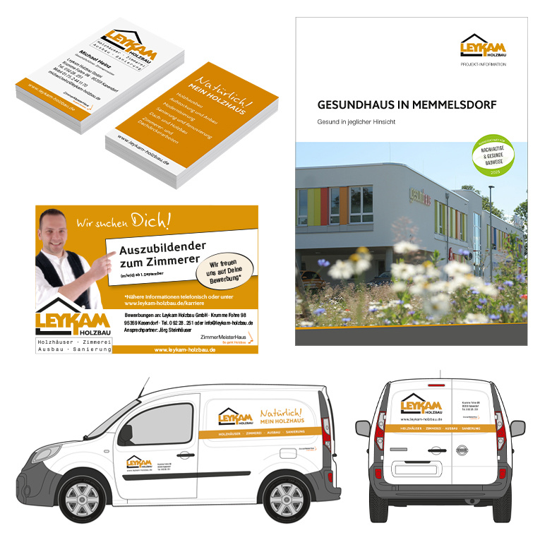 Markenauftritt aus einem Guss: Für LEYKAM Holzbau entstehen vielfältige Kommunikationsmittel, die die Unternehmenswerte klar und authentisch transportieren.