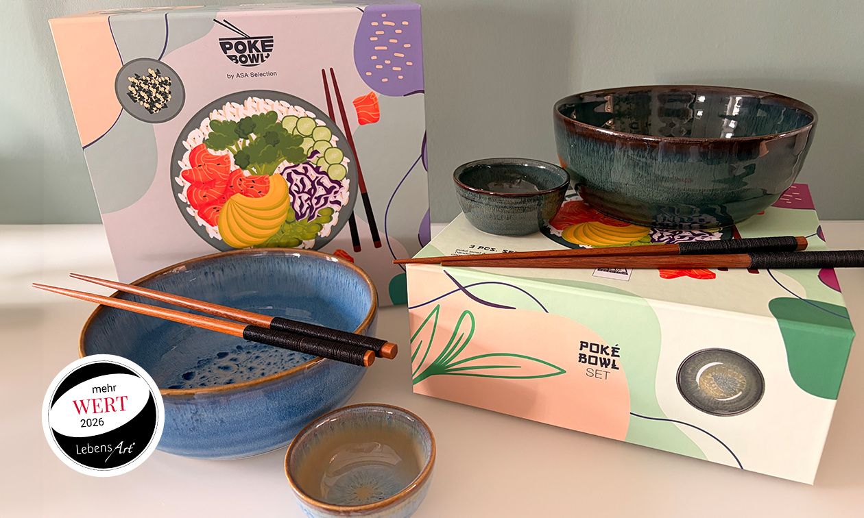Set-Inhalt: 1x Poké Bowl 1x Poké Mini Bowl 1x Stäbchen Set aus Akazienholz mit schwarzem Nylongriff