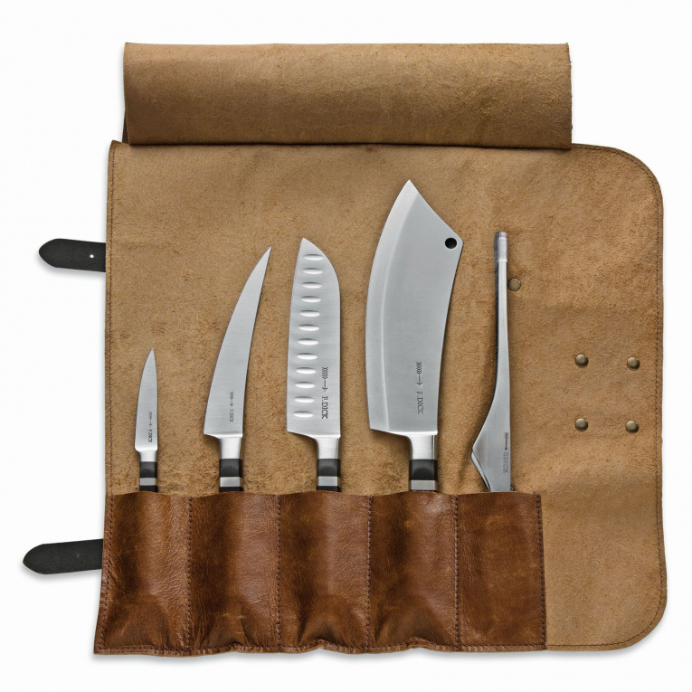 Lederrolltasche mit Messer-Set.