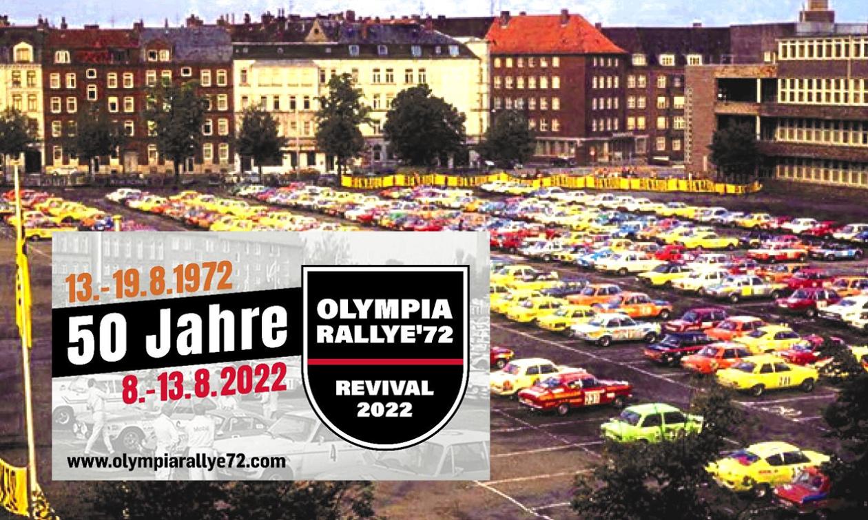 Die 6 Etappen des OLYMPIA-RALLYE’72 REVIVAL 2022 – ca. 2.100 km – etwa 48 Stunden reine Fahrzeit in 6 Tagen. Im Bild das Feld kurz vor dem Start 1972 in Kiel