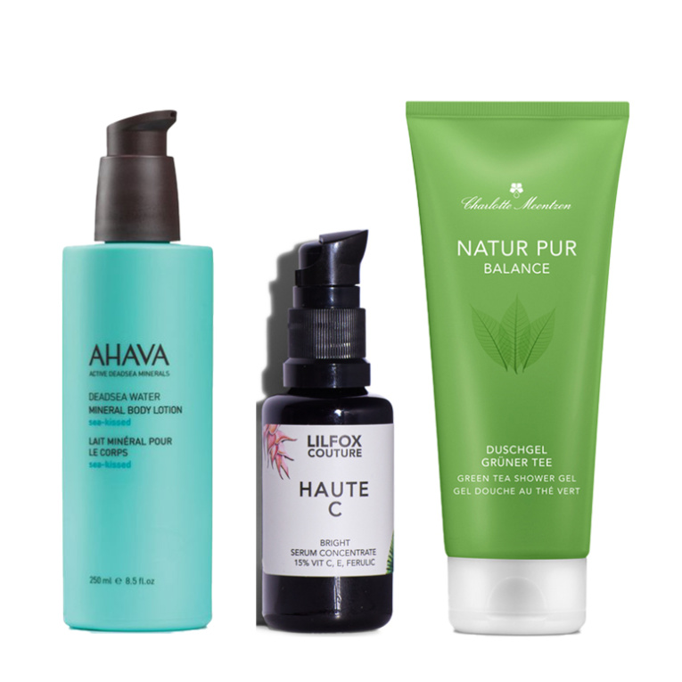 AHAVA Mineral Body Lotion Sea-Kissed; LILFOX HAUTE C BRIGHT SERUM CONCENTRATE; Charlotte Meentzen NATUR PUR BALANCE Duschgel Grüner Tee