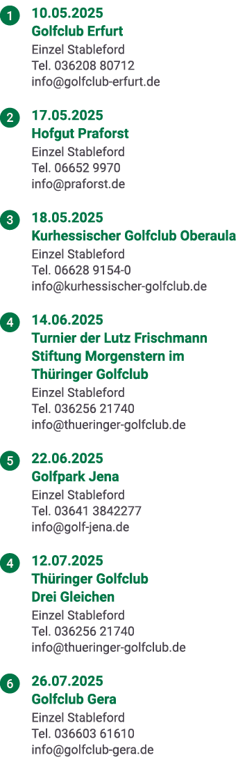 ￼ 10.05.2025 Golfclub Erfurt Einzel Stableford Tel. 036208 80712 info@golfclub erfurt.de ￼ 17.05.2025 Hofgut Praforst...