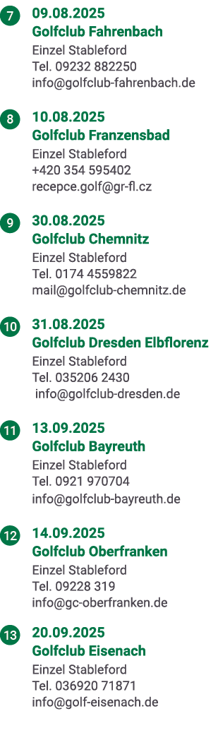 ￼ 09.08.2025 Golfclub Fahrenbach Einzel Stableford Tel. 09232 882250 info@golfclub fahrenbach.de ￼ 10.08.2025 Golfclu...